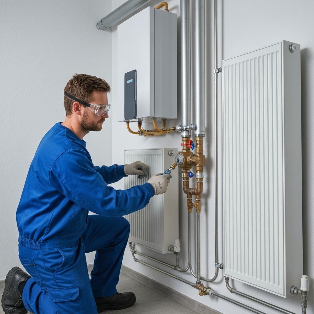 SHK-Fachmann bei der Installation einer Wärmepumpe