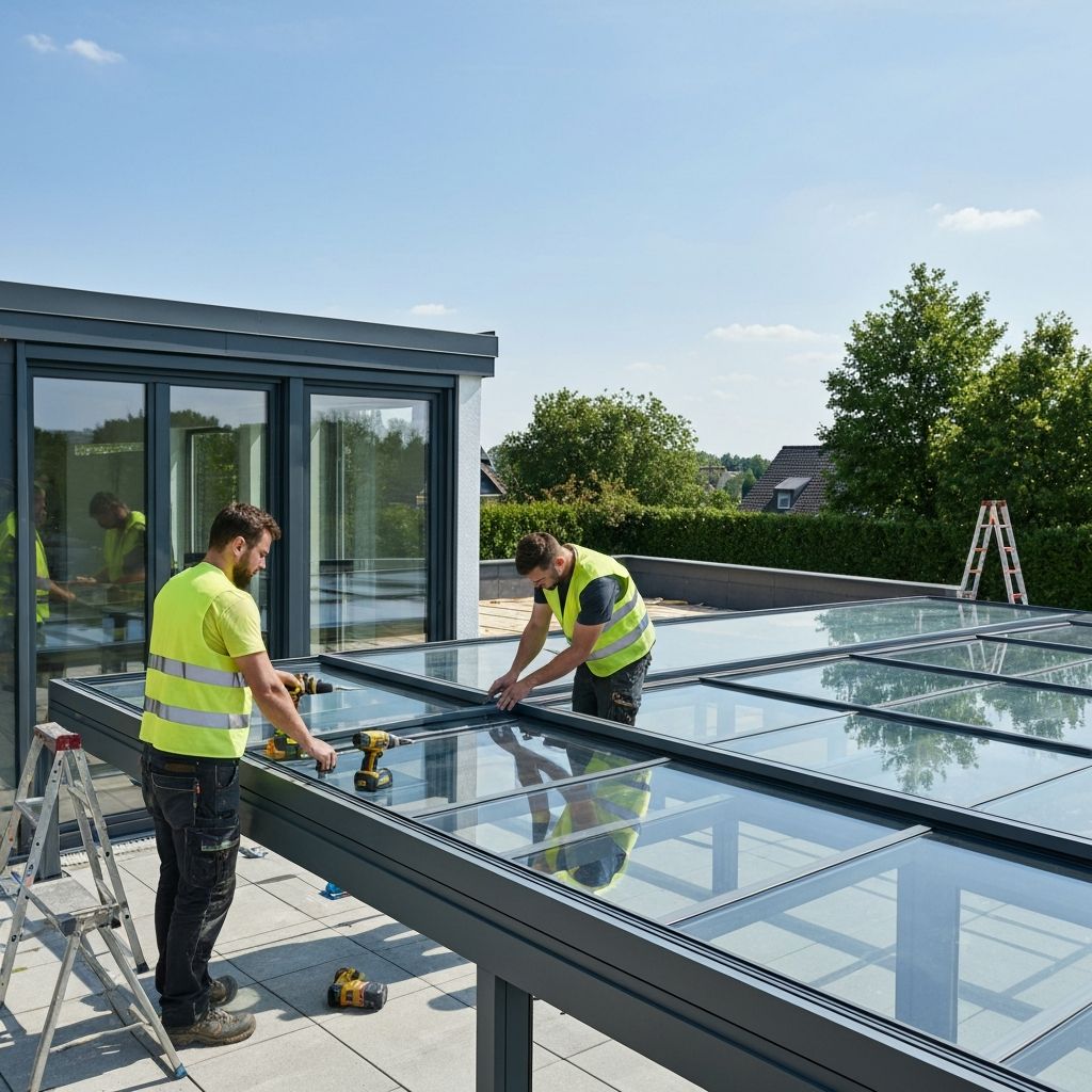 Terrassenbau-Team bei der Montage einer Überdachung